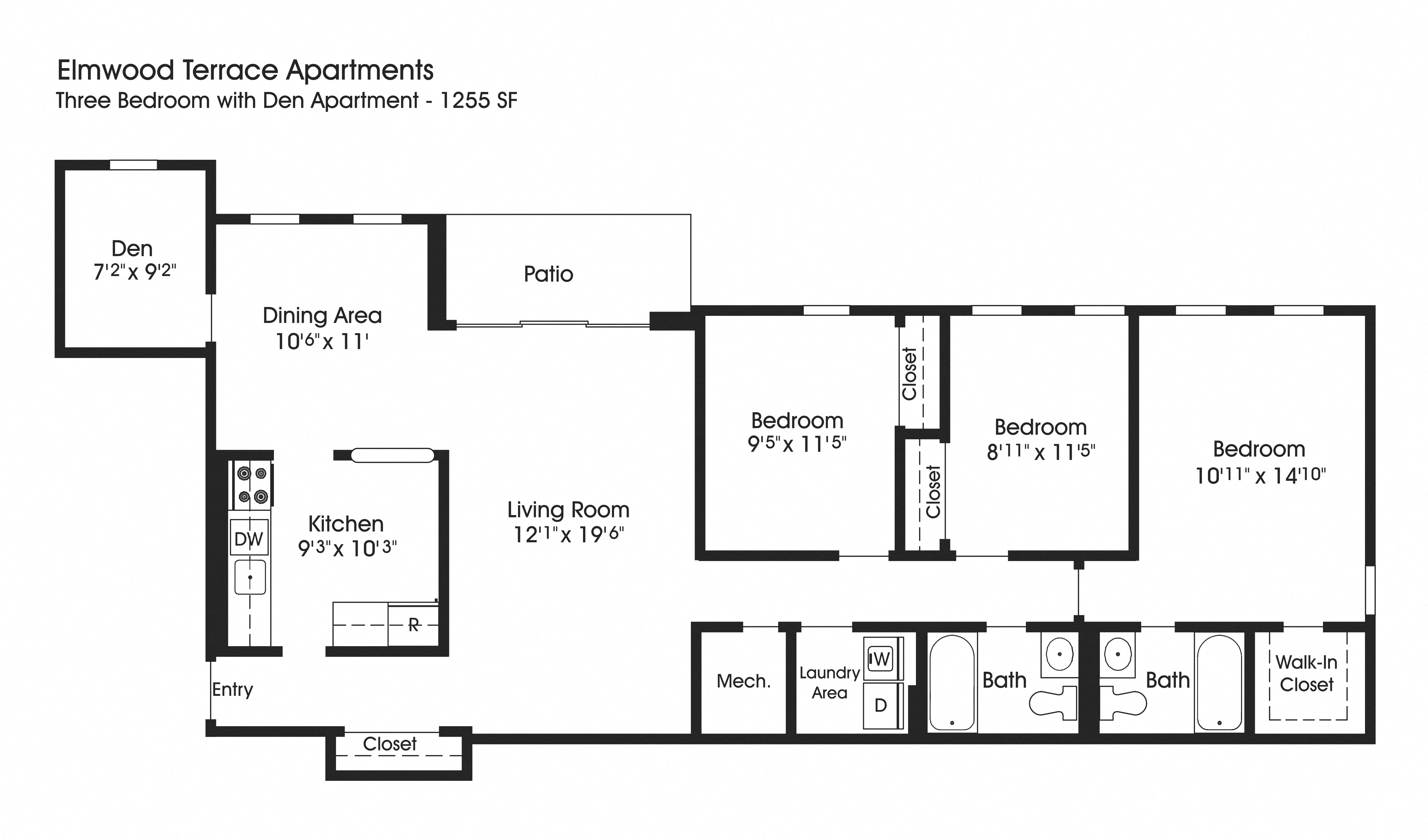Floor plan for 3 beds, 2 baths, 1255 sqft